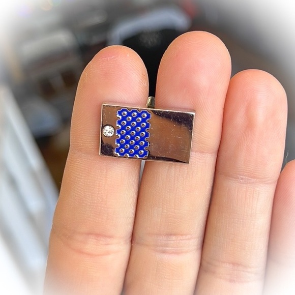 💕Mens Cufflinks Silver Tone with Blue Grid Pattern & Small CZ Stone💕 - Picture 8 of 8